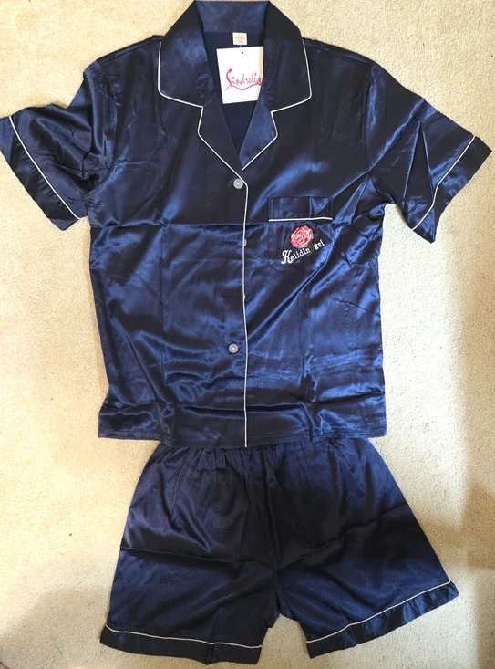 Sindrella Womens Large Navy Blue Satin Pajama Set Shorts Rose Embroidery NWT NEW