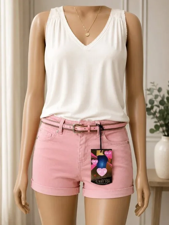 C’EST TOI Flatter Yourself Pink Push-Up Denim Shorts Belted Size Small NWT