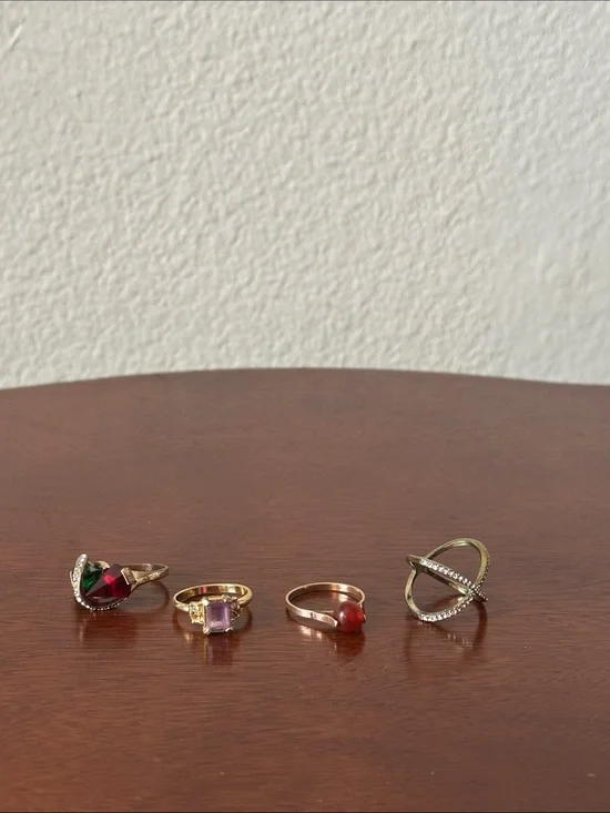 Fashion Jewelry Gold-Tone Ring Set with Green, Red, Purple Accents