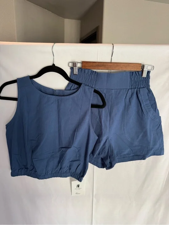 Two-Piece Blue Crop Top & High-Waist Shorts Set