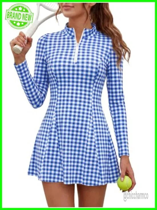 2 Piece Long Sleeve Collared Zipper Tennis Golf Mini Dress with Shorts