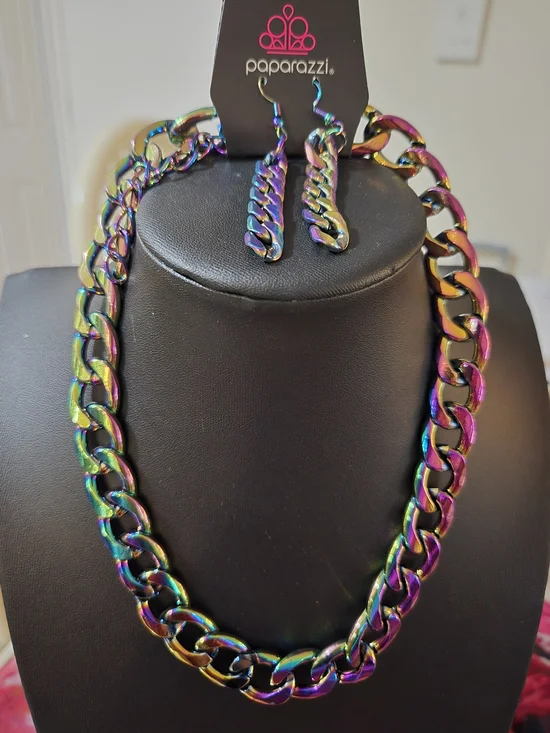 paparazzi Multicolor Iridescent Curb Chain Necklace & Earrings Set