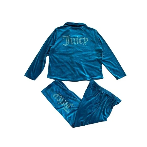 Juicy Couture Teal Velour Pajama Set Rhinestone Logo Sleepwear‎ 8329-47 Womens L