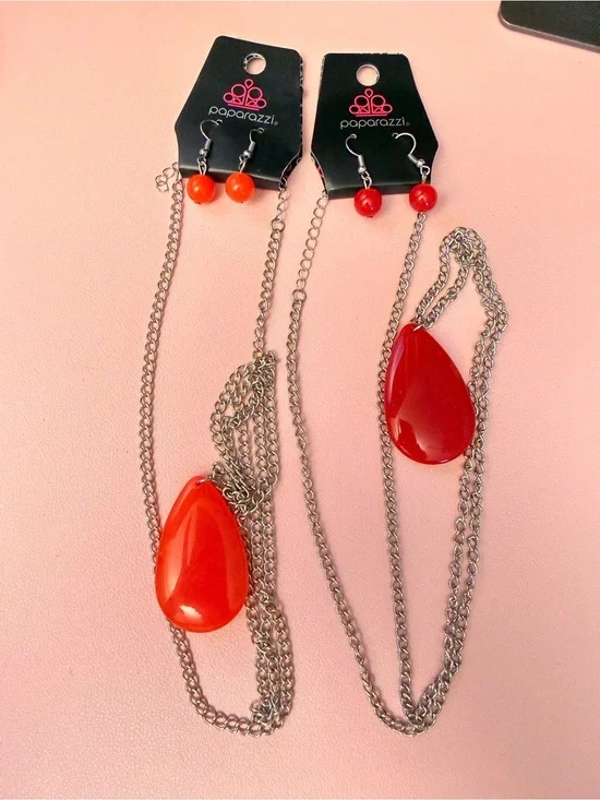 paparazzi Red and Orange Teardrop Necklace and Bead Earring Set