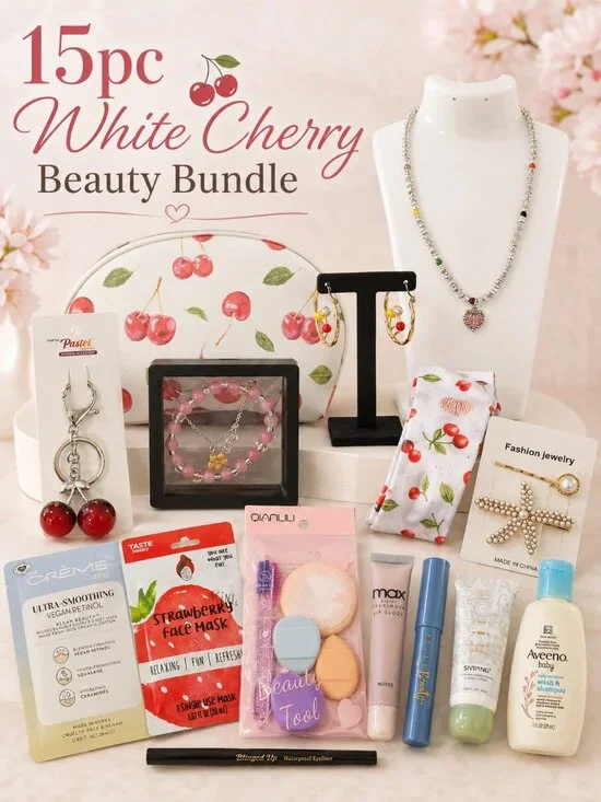 15pc White Cherry Beauty Jewelry Accessories Gift Bundle New
