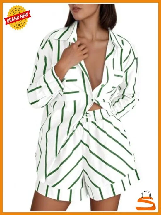Striped 2 Piece Button Down Shirt and Shorts Lounge Matching Set
