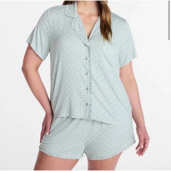Joyspun Pajama Set Women 2X Green Polka Dot Ruffle Trim 2pc Modal NEW