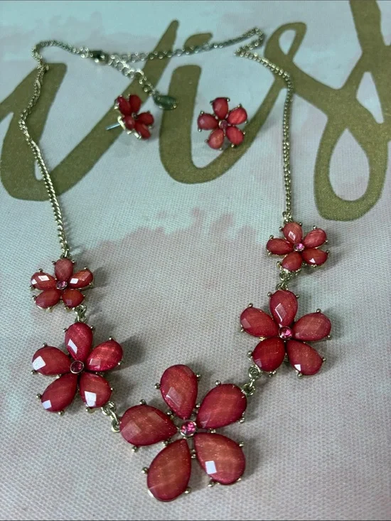 Claire's Red Floral Necklace and Stud Earrings Set