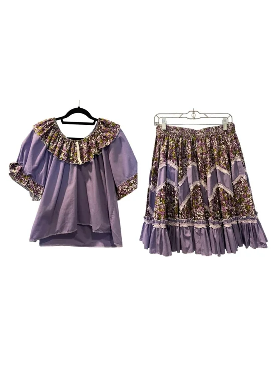 Vintage Handmade Purple Square Dancing Outfit 2 Pc Peasant Top Tiered Skirt M/L