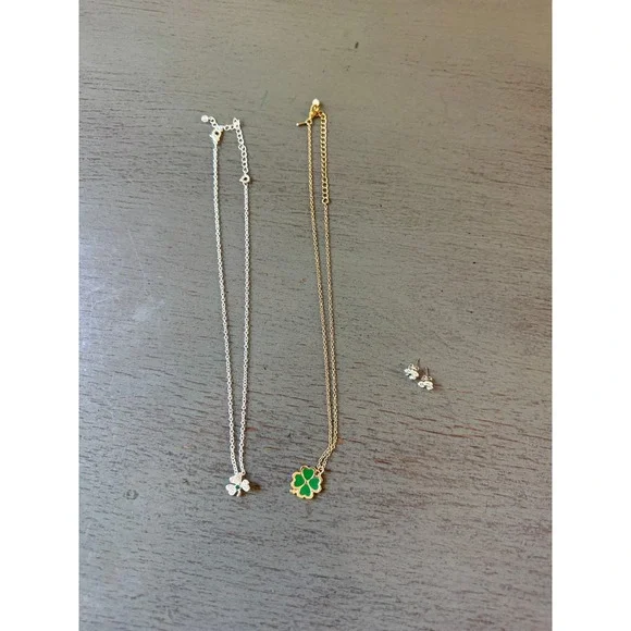 St Patricks Day Jewelry Set Clover Necklaces and Shamrock Stud Earrings Green