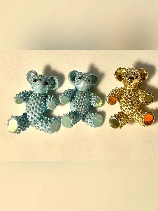 3 Vintage Teddy Bear Brooches - Blue & Gold