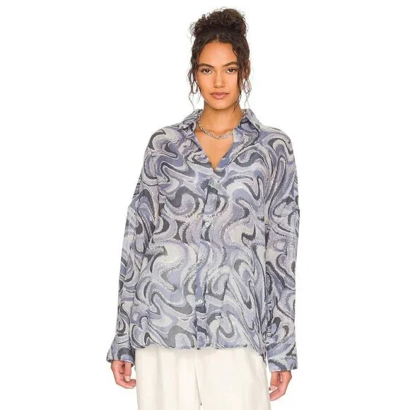 Indah Como Oversize Button Up Shirt in Imagine Blue Small New Womens Blouse