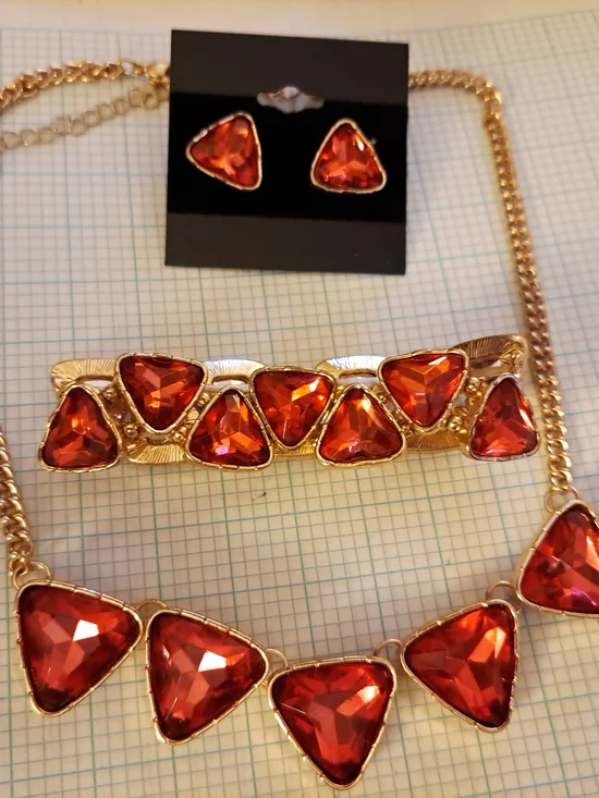 Gold-Tone Red Triangular Crystal Jewelry Set - Necklace, Bracelet & Earrings