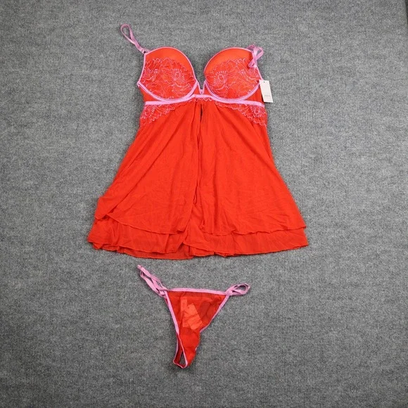 Auden Babydoll Lingerie Set‎ Womens Medium Anthem Red Lace Thong 2 Piece EZ6YR