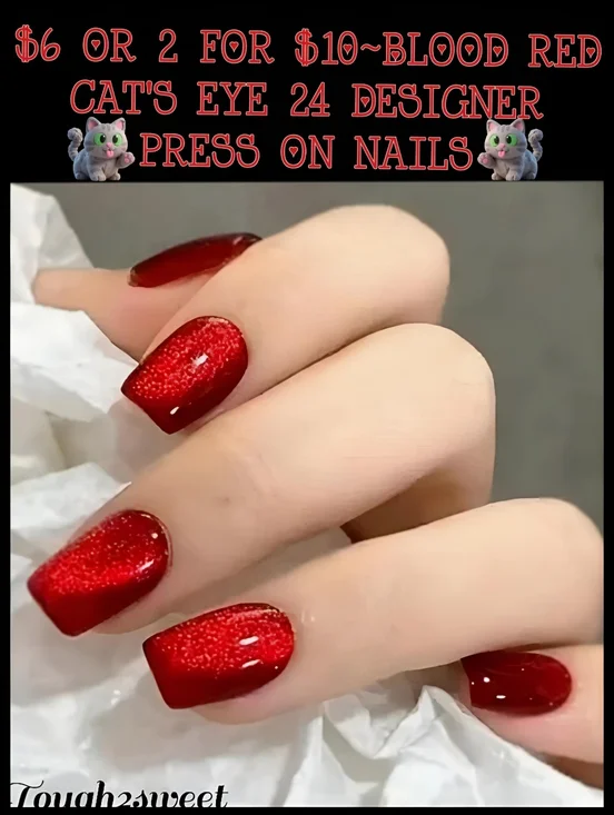 🆕$6 OR 2 FOR $10~BLOOD RED CAT'S EYE 24 DESIGNER PRESS ON NAILS