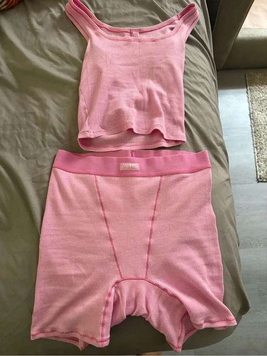 SKIMS Pink Ribbed Tank Top and Boxer Set