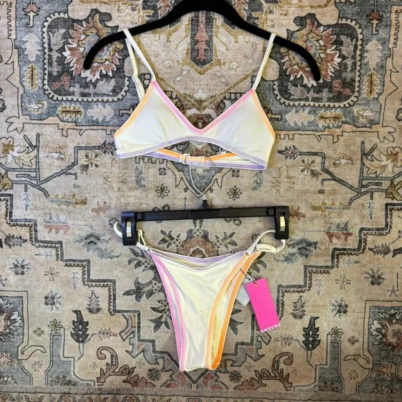 ONEONE Bikini Set Cream Neon Rainbow Stitch Cutout Triangle Top High Cut Bottoms