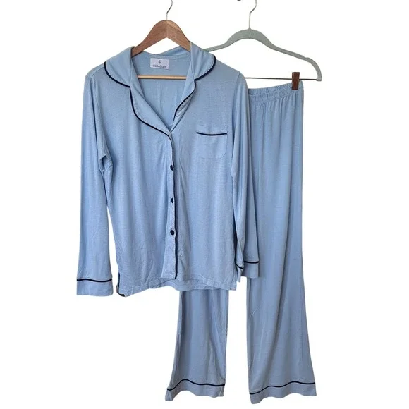 Cosabella Womens Pima Cotton Pajama Set Medium Blue Lounge Long Sleeve Pants