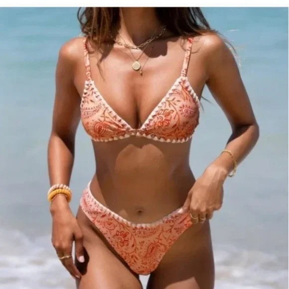 Cupshe Mandarin Paisley Bralette Cheeky Hipster Bikini Set Womens M Orange Boho