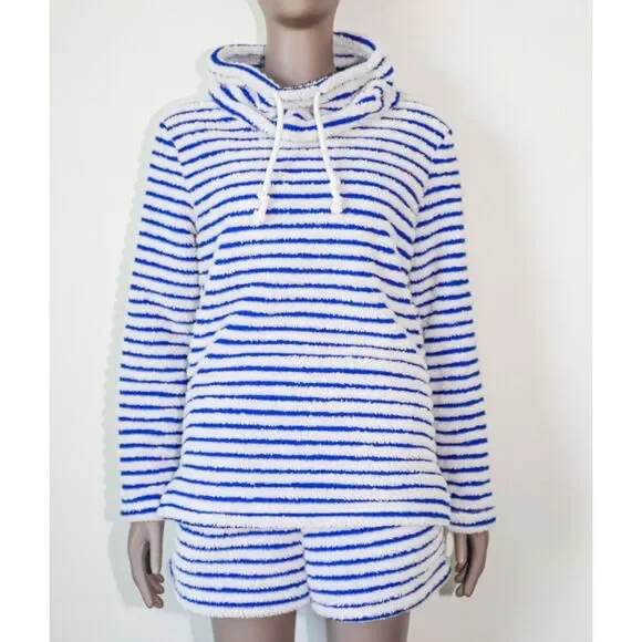 Blue White Stripe Hoodie Shorts Set Small Cozy Lounge Pajama Nautical Plush Fall