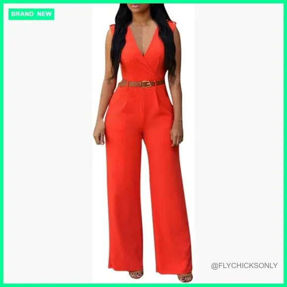 Polyester and Spandex Jumpsuit with V-Neck and Wide Leg Pants