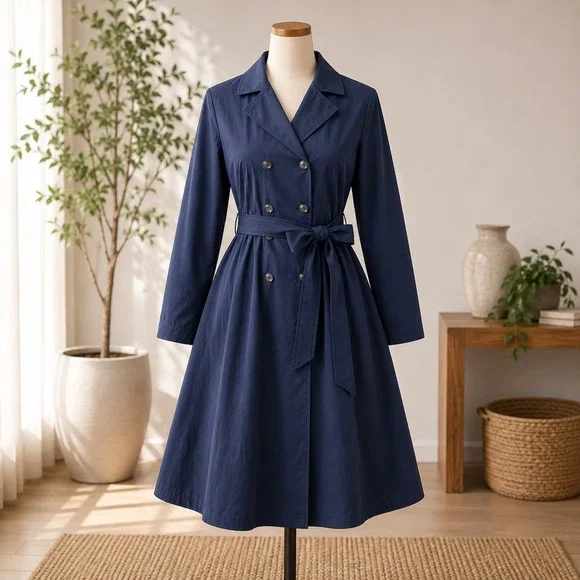 Beautiful by Lawrence Zorian Trench Coat Womens 1X Navy Pleated Back Belted Long