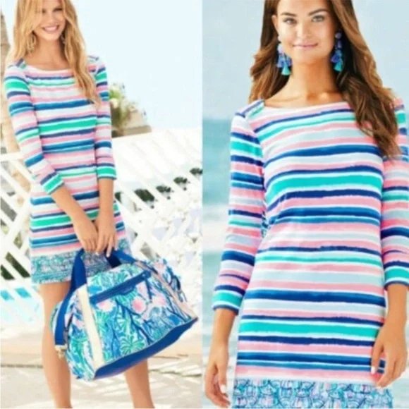 LILLY PULITZER Sophie UPF 50+ Mini Length Resortwear Dress in Sandy Shell Stripe