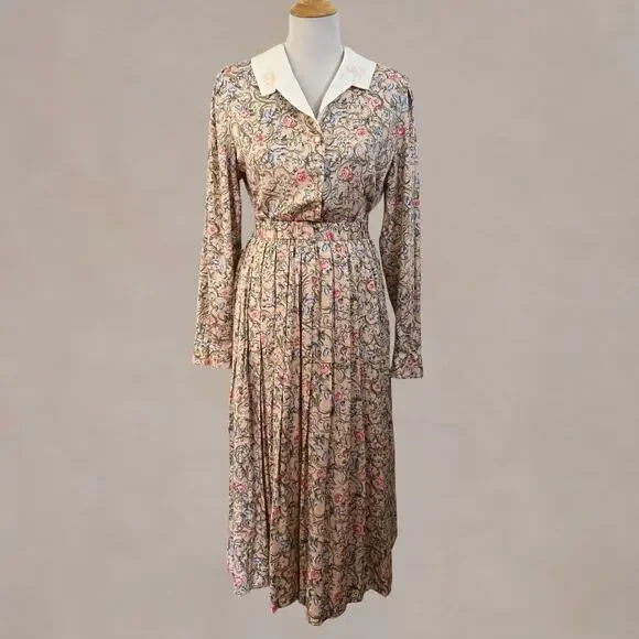 Vintage 90s Susan Bristol Floral Rayon Matching Skirt Blouse Set Pink USA 8