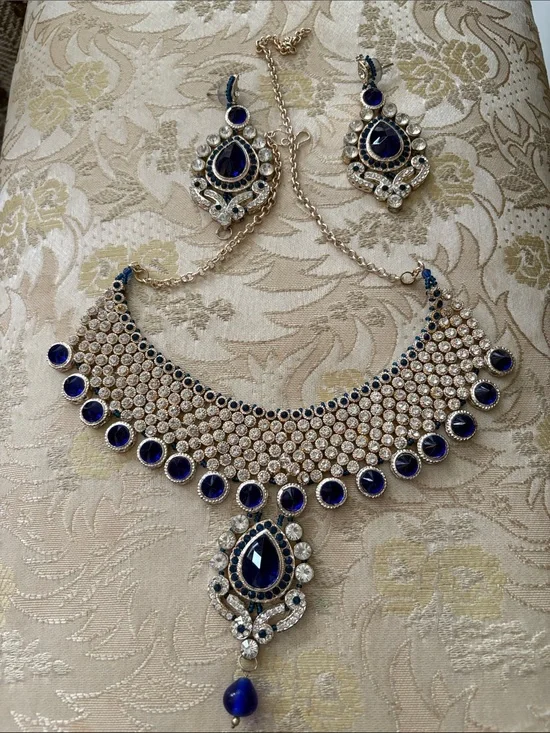 Blue Crystal Statement Necklace and Earrings Set