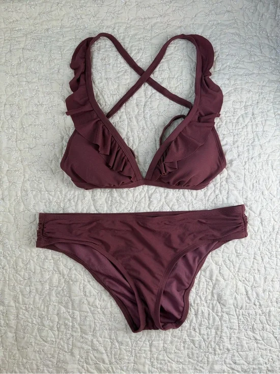 Shade & Shore Ruffled Crossback Bikini Set - Plum