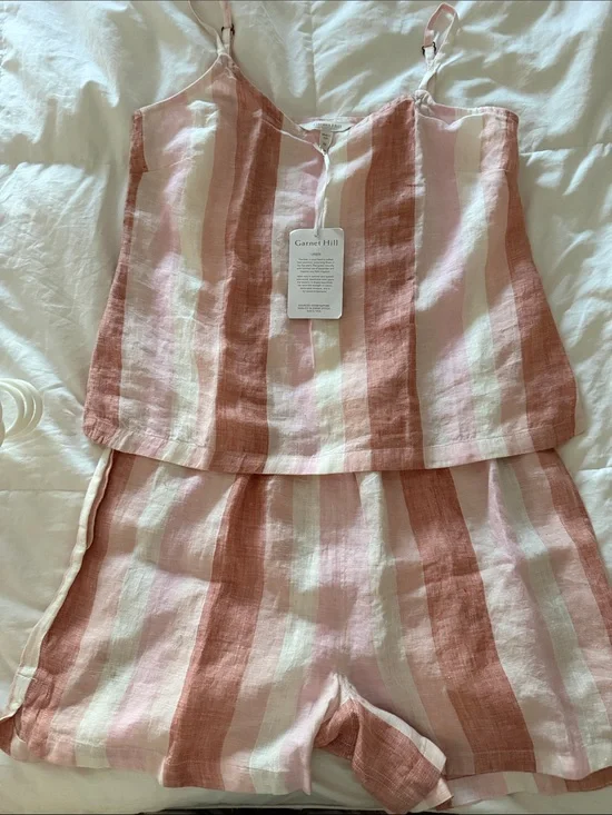 Garnet Hill Striped Linen Cami, Shorts w/Pockets Pink & Coral