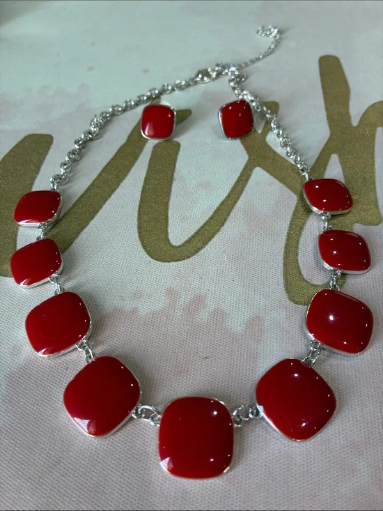 Red Enamel Statement Square Necklace and Earrings Set