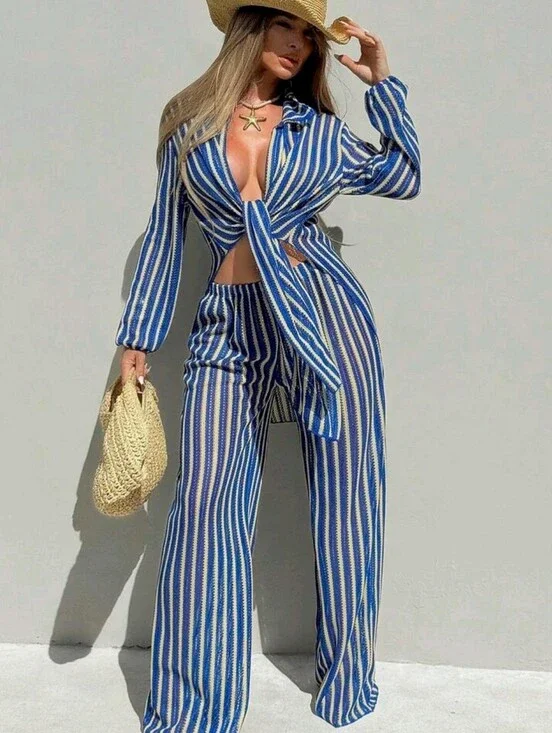 Striped Blue & White Wide-Leg Jumpsuit Set