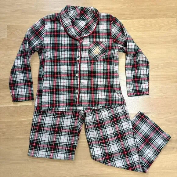 RALPH LAUREN Women’s Plaid Fleece Pajama Set Long Sleeve Green Red White Medium