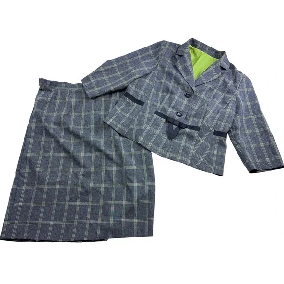 Vintage Grey Lime Green Plaid Skirt Suit Set Blazer Bow Detail 2 Piece Office