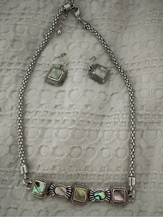 Silver Abalone Inlay Necklace and Earring Set