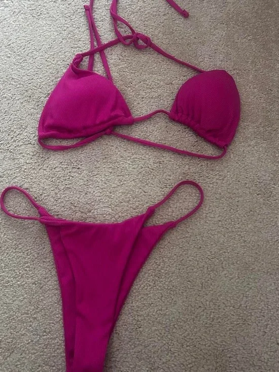 Women's Ribbed Triangle Bikini Set - Fuchsia Pink