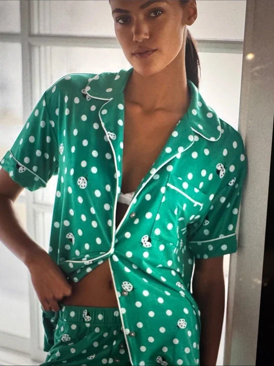 2 Pc Anthropologie Green Polka Dot Short Pajama Set