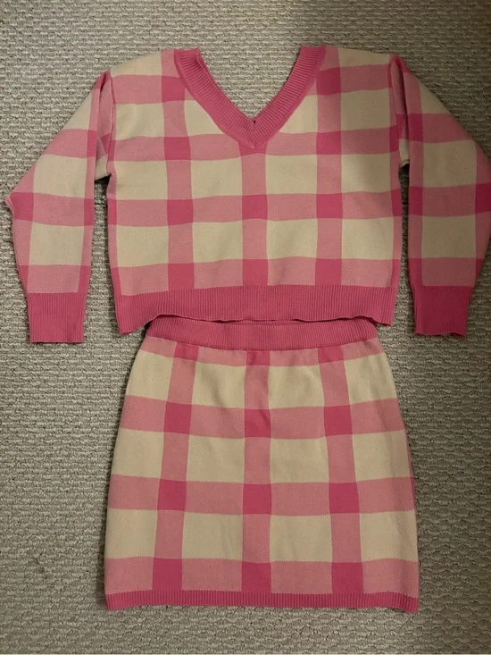 Pink & Cream Gingham Knit Sweater Set