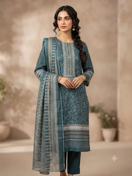 Teal Printed Long Sleeve Kurta Set with Matching Dupatta