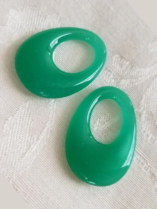 Vintage Translucent Jade Green Oval Hoop Pendants DIY Jewelry Charms - Set of 2
