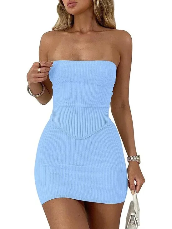 Women's Sky Blue Viscose Strapless Crop Top With Skirt Mini Club Bodycon Dress