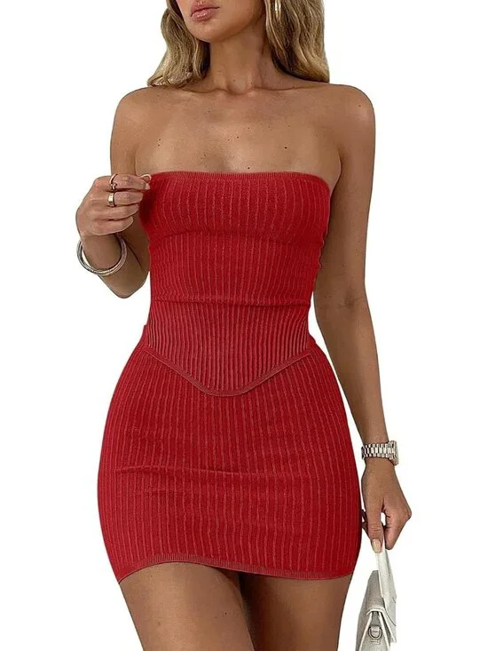 Women's Red Viscose Strapless Crop Top With Skirt Mini Club Bodycon Dress