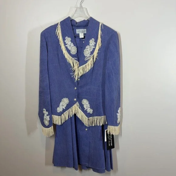 Western Attitude by Lilia Smith Denim Fringe Skirt Suit Set 13/14