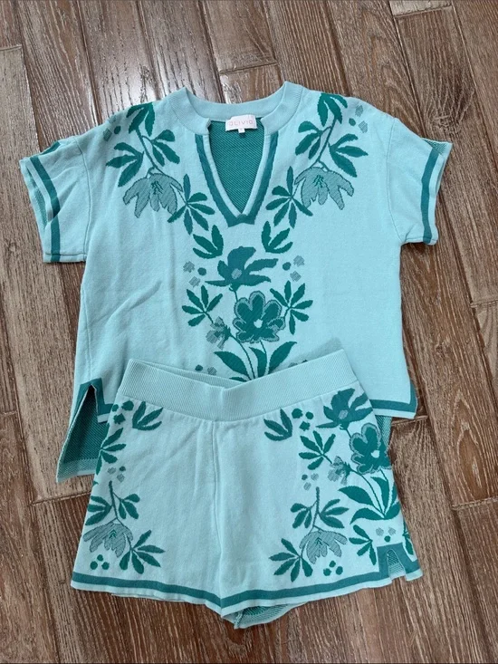 Mint Green Floral Knit Short Set