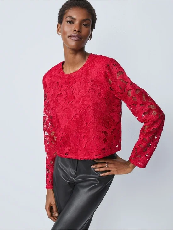 ANN TAYLOR Floral Guipure Lace Blouse | Crimson Red | Long Sleeve | Small | NWT
