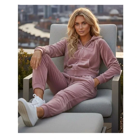 VICTORIA'S SECRET Track Suit Pink Velour Rhinestone Hoodie‎ Joggers Athleisure