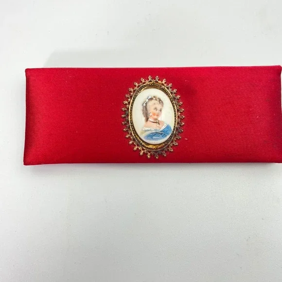 Vintage Saturnia Italy Vanity Comb Mirror Set Red Case Limoges‎ Portrait Rare