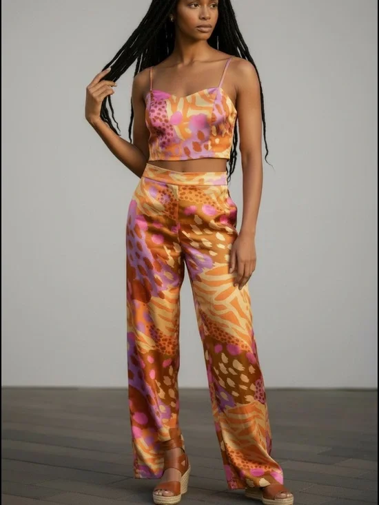Christian Lacroix designer Satin Wide-Leg Pants in Pink & Orange Abstract Print