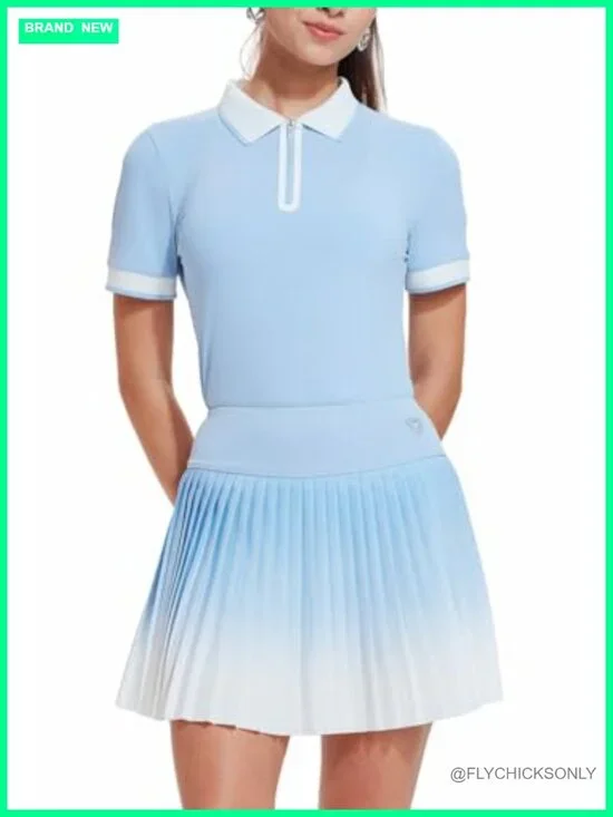 2 Piece Tennis Active Skort Set with Zipper Polo Top & Pleated Skirt